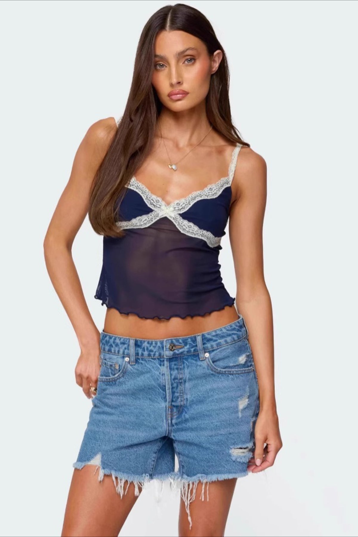 Sheer Mesh Lace Trim Halter Cami Top