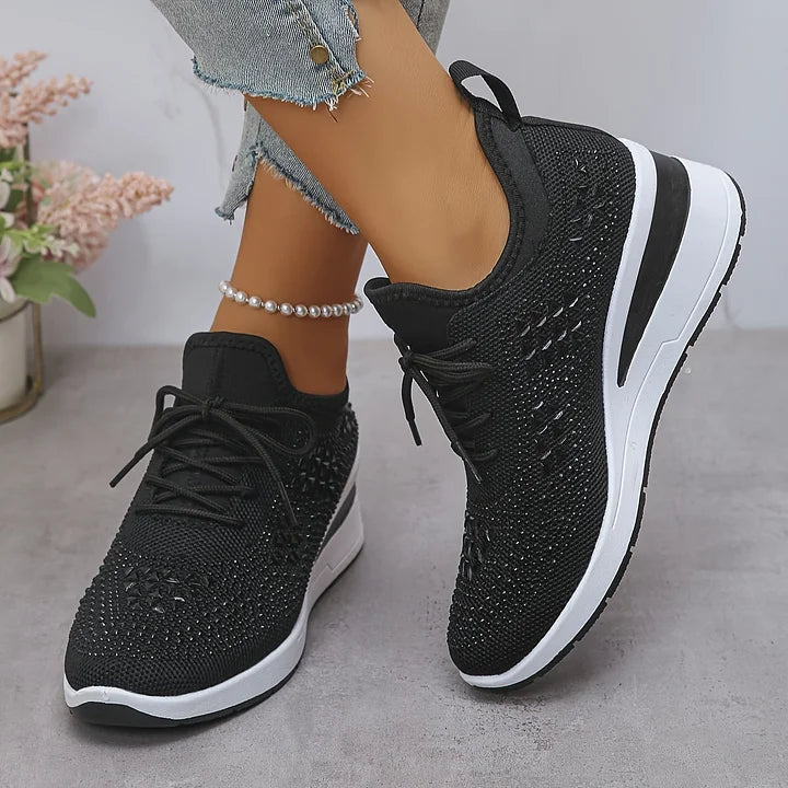 Rhinestone Mesh Lace Up Wedge Sneakers