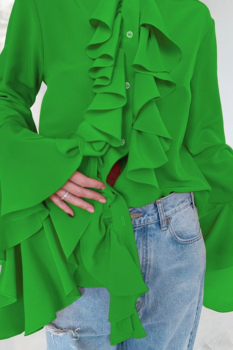 Cascading Ruffle Front High Neck Flared Bell Sleeve Blouse 10