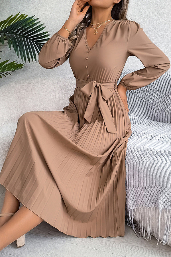 Solid Color Elegant V-neck Buttoned Lace-up Pleated Maxi Dress - View 9