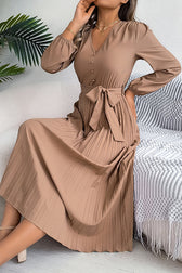 Solid Color Elegant V-neck Buttoned Lace-up Pleated Maxi Dress - View 9
