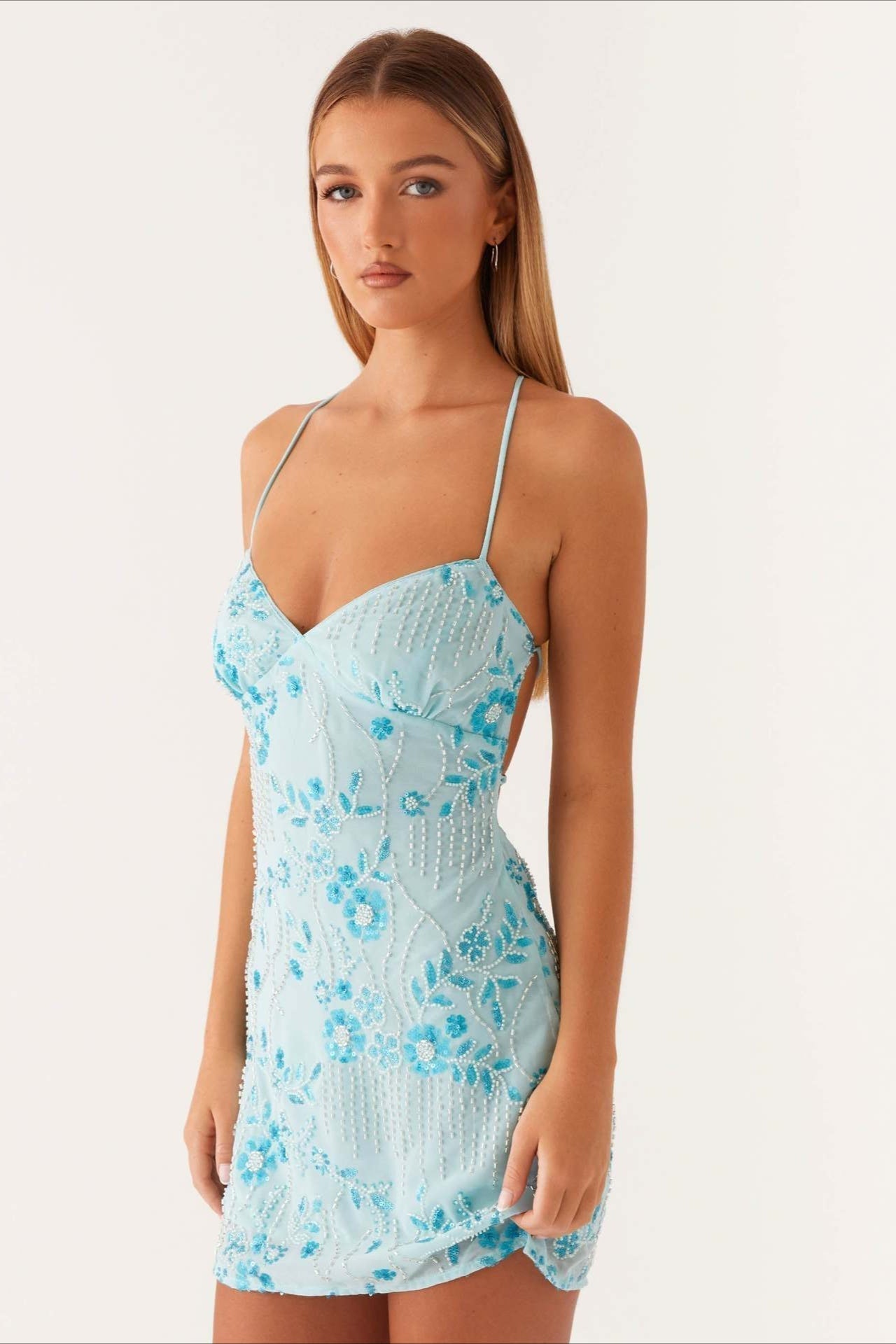 Beaded Floral Spaghetti Strap Deep V-Neck Open Back Bodycon Mini Cocktail Dress