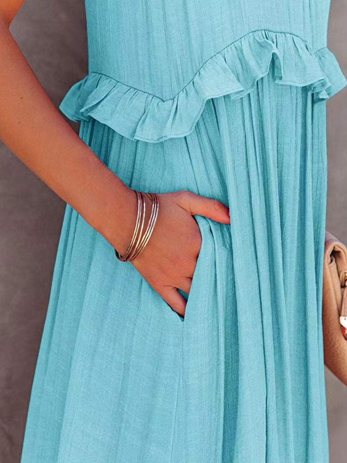 Halter Neck Sleeveless Ruffle Trim Tiered Maxi Dress with Pockets 23