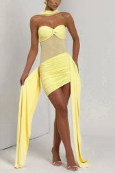 Elegant Mesh Splicing Ribbon Tie Solid Color Strapless Mini Dress 2