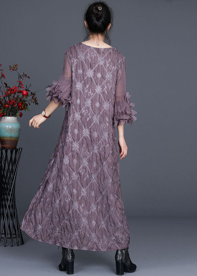 Embroidered Lace Trim V-Neck Leaf Appliqué Long Sleeve Crinkled Maxi Dress