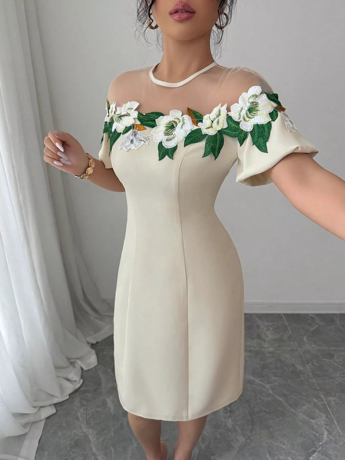 Floral Embroidered Mesh Yoke Puff Sleeve Sheath Midi Dress 3