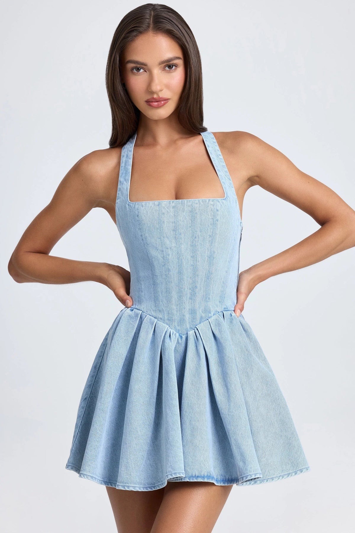 Denim-Look Square Neck Halter Corset Drop Waist Skater Mini Dress 6