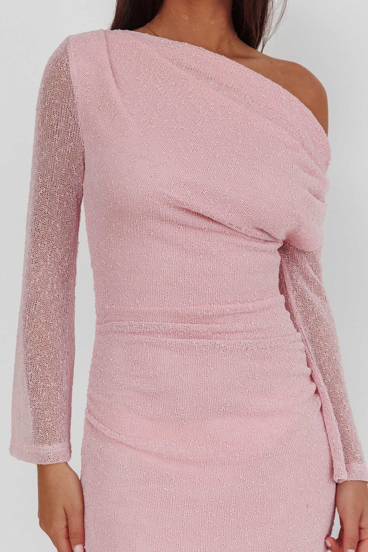 Sheer Knit Off Shoulder Long Sleeve Ruched Side Maxi Dress 3