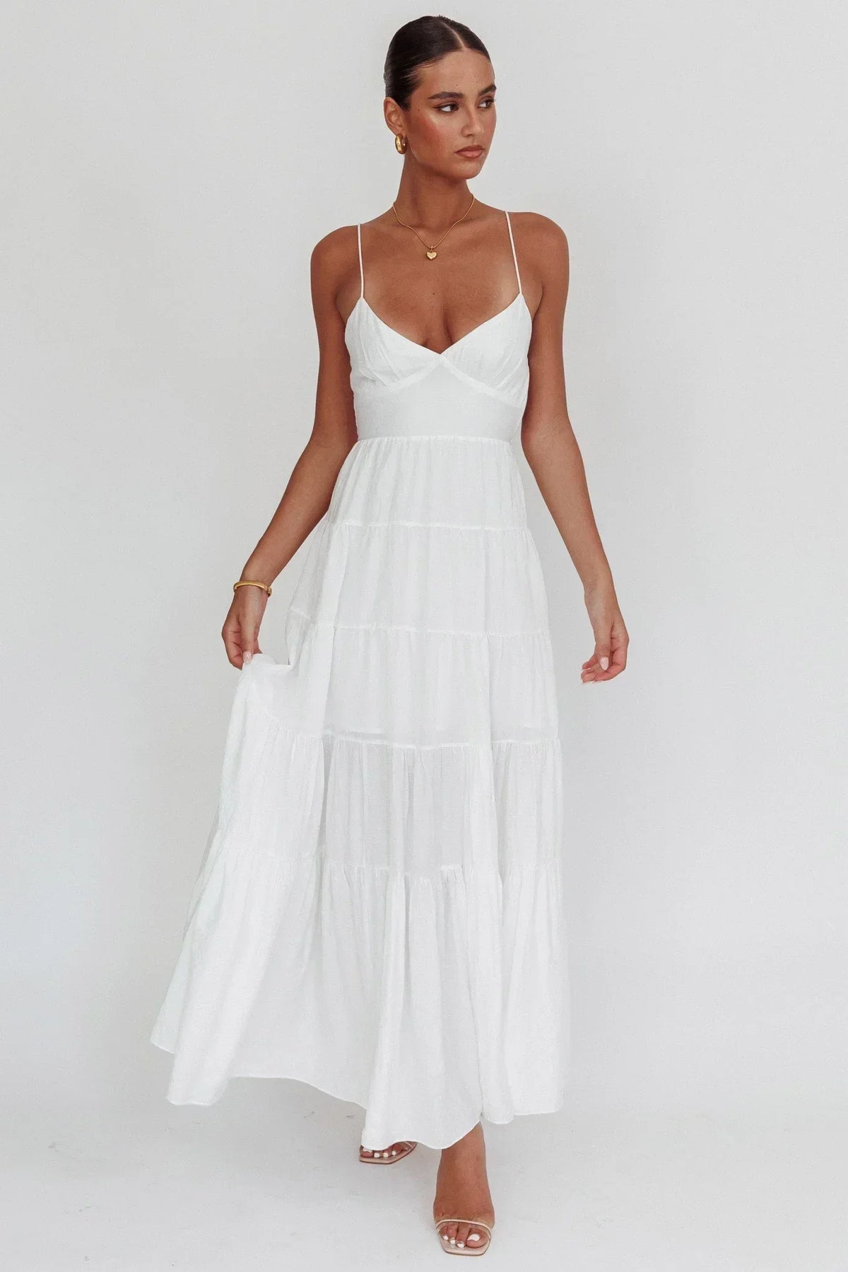 V-Neck Spaghetti Strap Tiered Empire Waist Maxi Dress