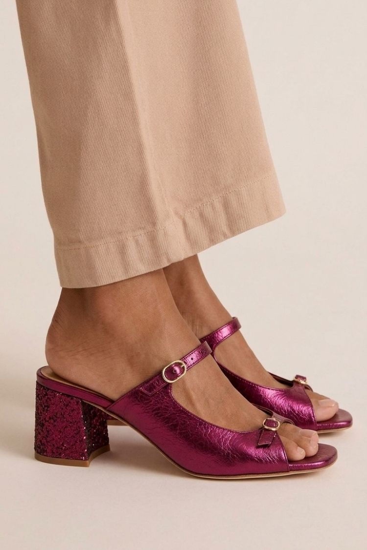 Open Toe T-Strap Contrast Block Heel Mules