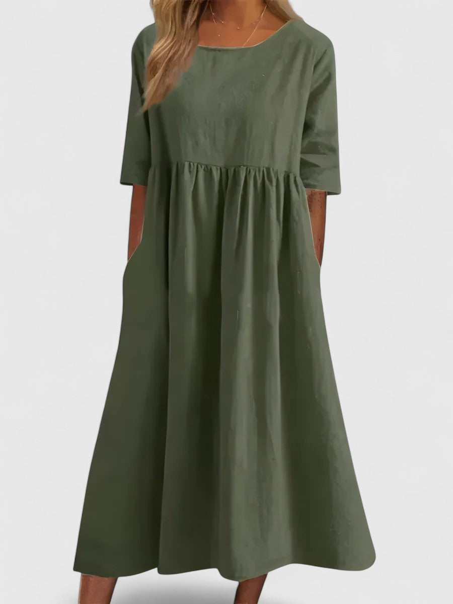 Scoop Neck Short Sleeve Pocket A-Line Midi Dress
