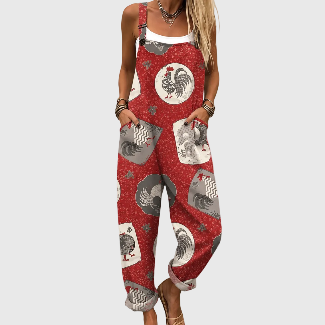 Rooster Print Sleeveless Cuffed Overall Jumpsuit