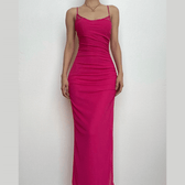 Mesh ruched slit square neck solid backless cami midi dress 2