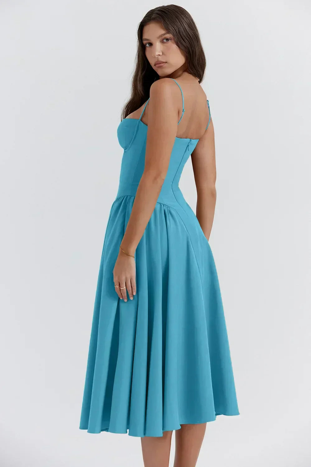 Milagros Premium Open-Shoulder Midi Dress with a Corset Fit Elevated Occasion Wear