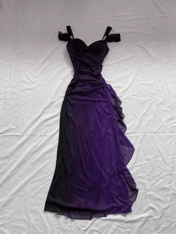 Ombre Purple Chiffon A Line Prom Dress Off The Shoulder Evening Dress cc1388