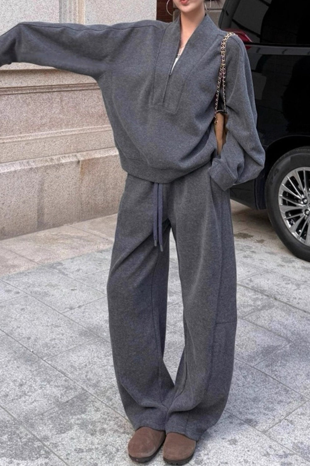 Half Zip Collared Sweatshirt and Drawstring Wide Leg Pants Two Piece Set