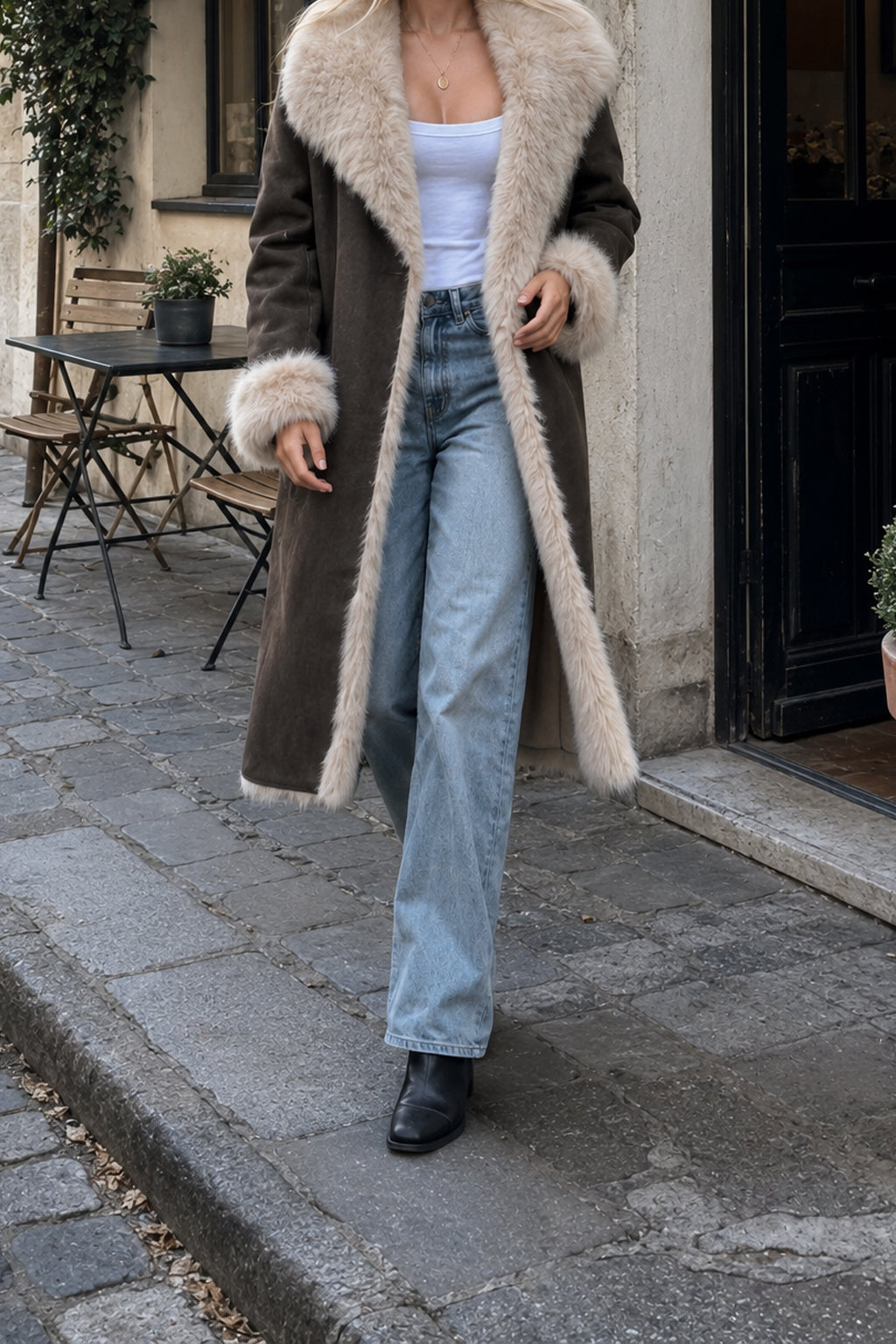 Faux Suede Faux Fur Trim Collar and Cuff Longline Coat 4