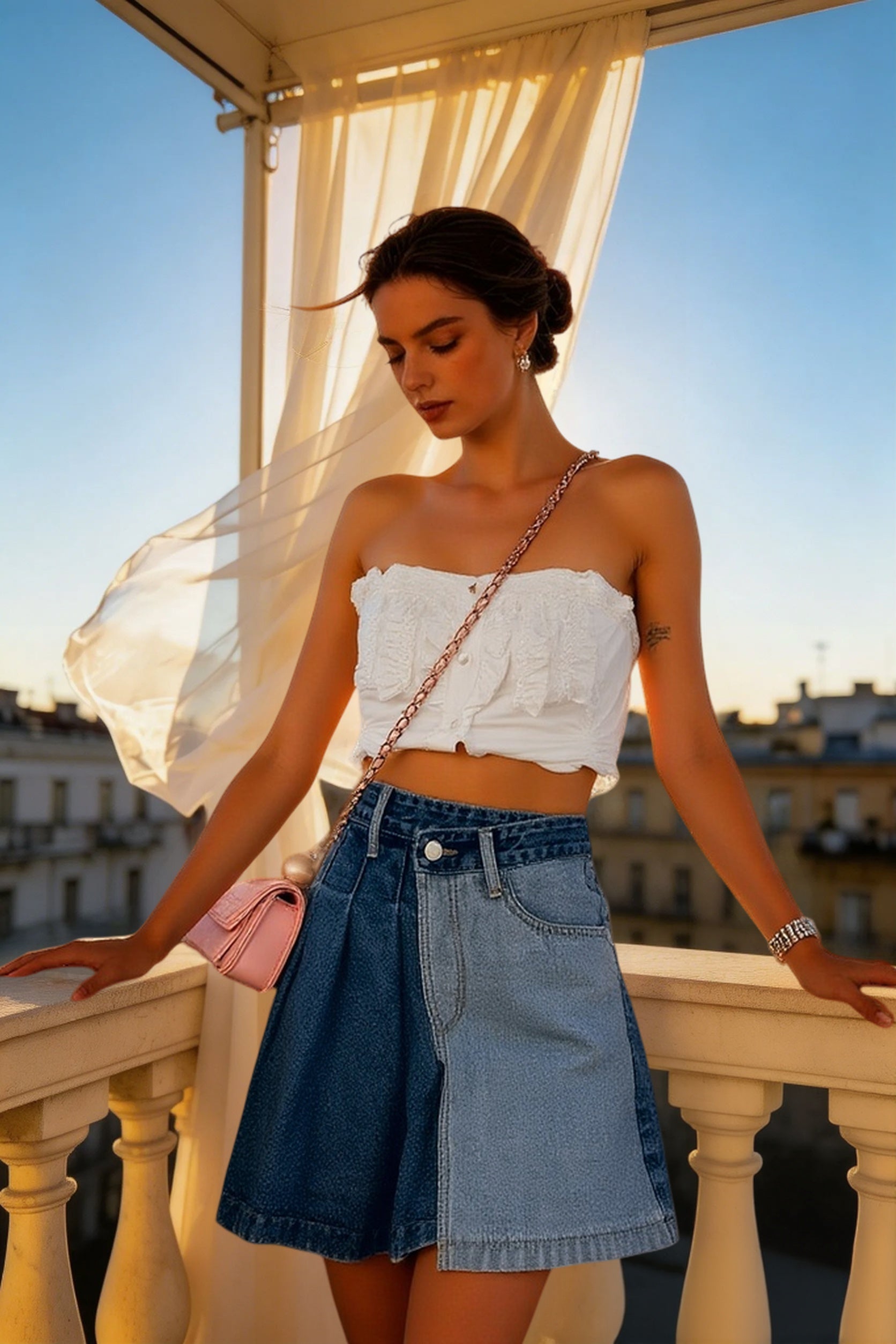 Patchwork Pleated Denim Mini Skort