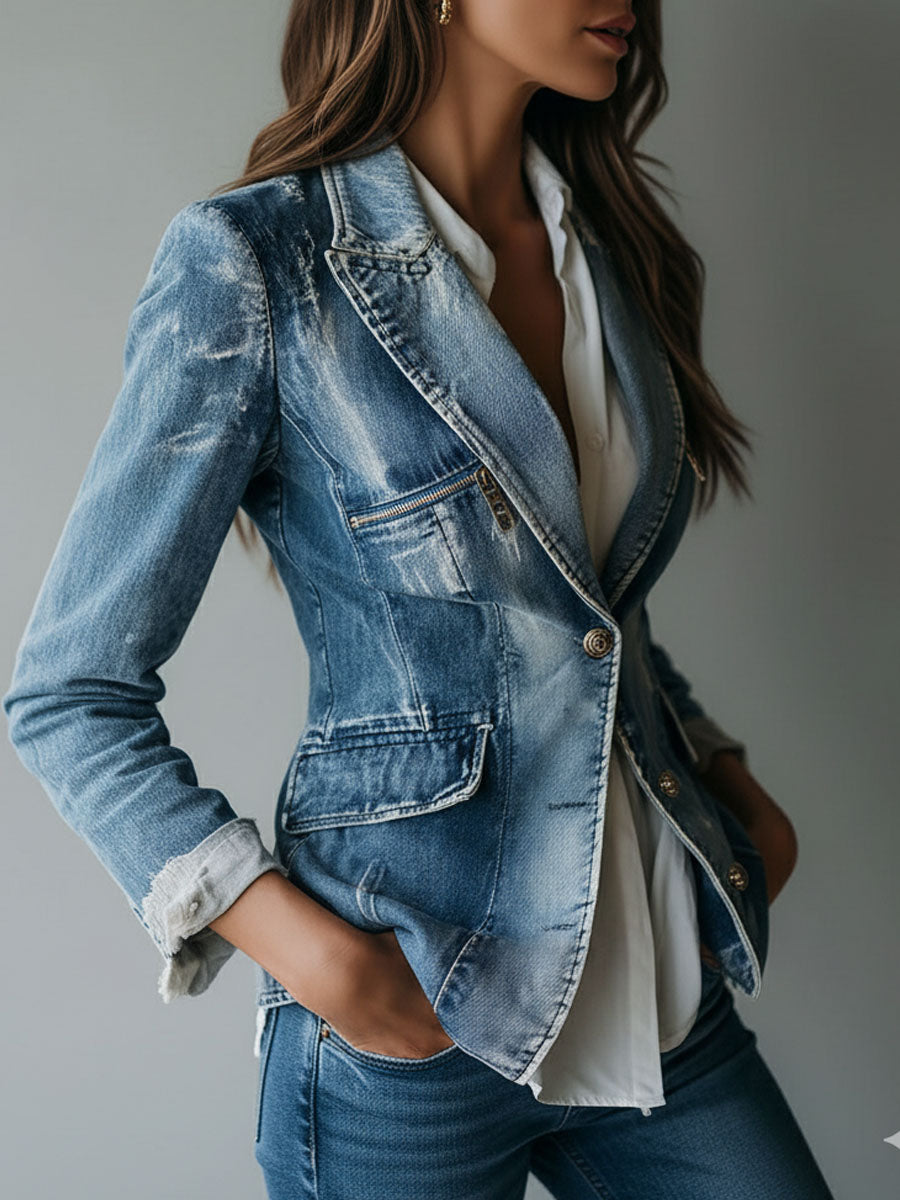 Washed Notch Lapel Single Button Denim Blazer