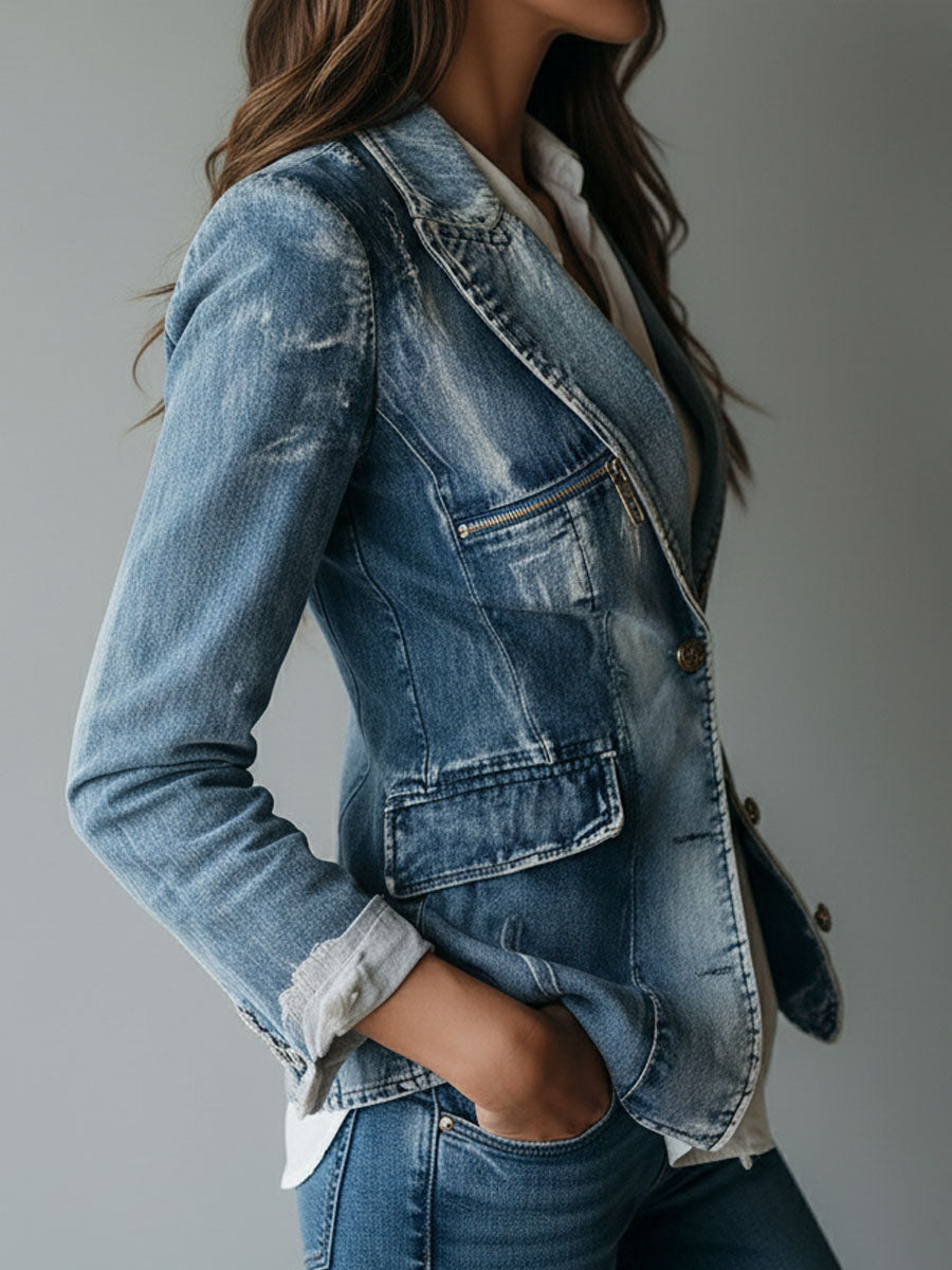 Washed Notch Lapel Single Button Denim Blazer