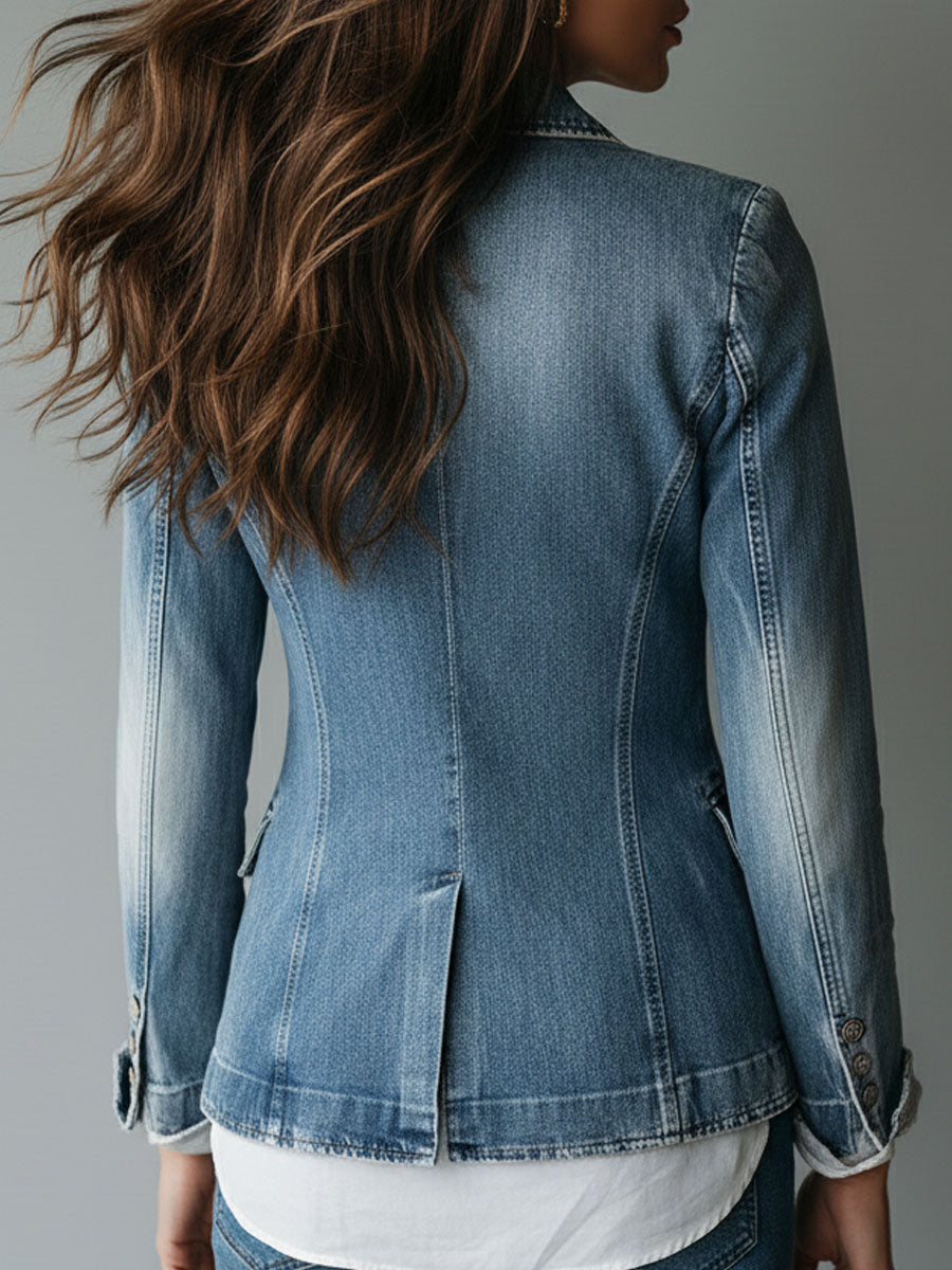 Washed Notch Lapel Single Button Denim Blazer