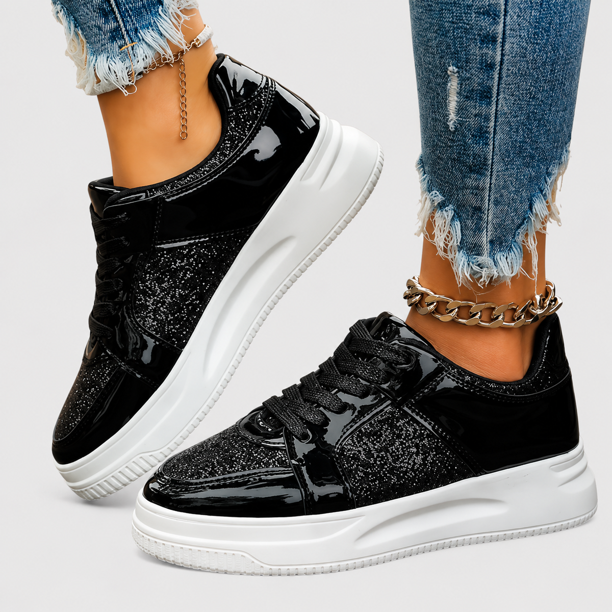 Lace Up Glitter Patent Platform Sneakers