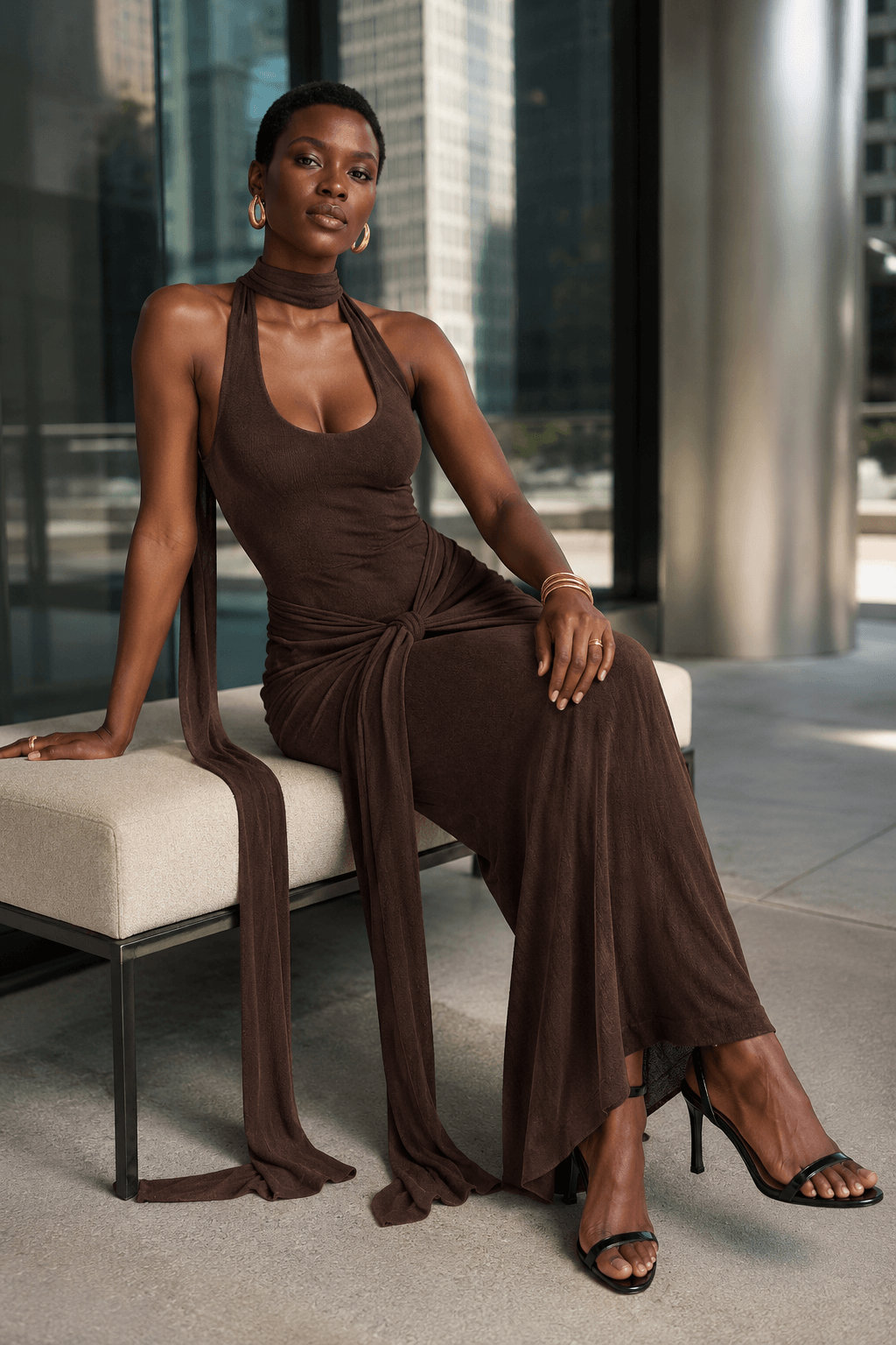 Silver Ribbon Backless Waist Cinch Maxi Bodycon Dress
