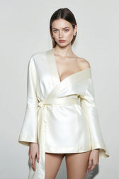 Loose Tie-Waist Long-Sleeve Satin Mini Silk Dress