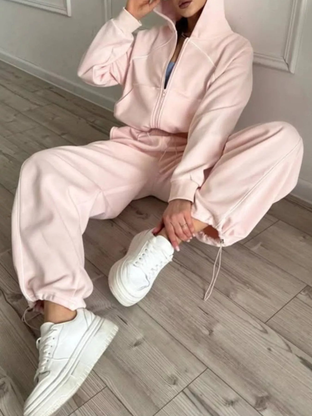 Fleece Zip Front Cropped Hoodie and Drawstring Hem Joggers Two Piece Set