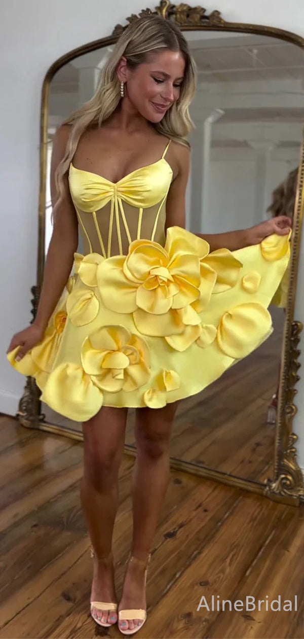 Satin 3D Flower Sheer Corset Spaghetti Strap Mini Homecoming Dress 4