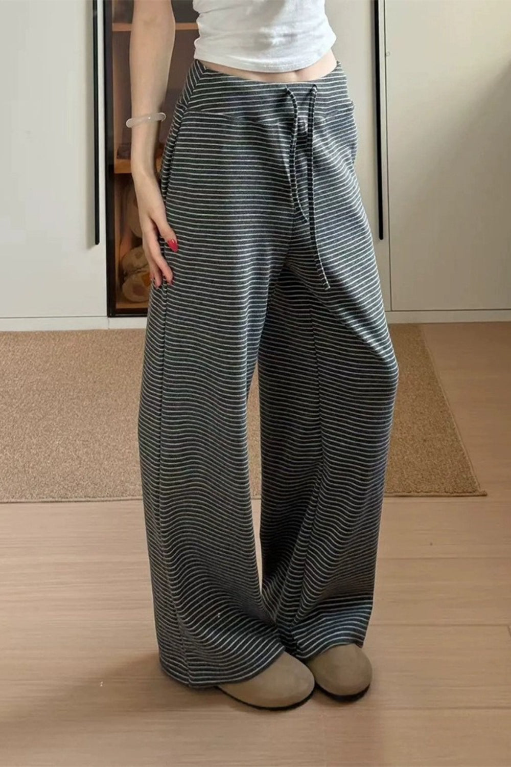 Striped Knit Drawstring Waist Wide Leg Lounge Pants