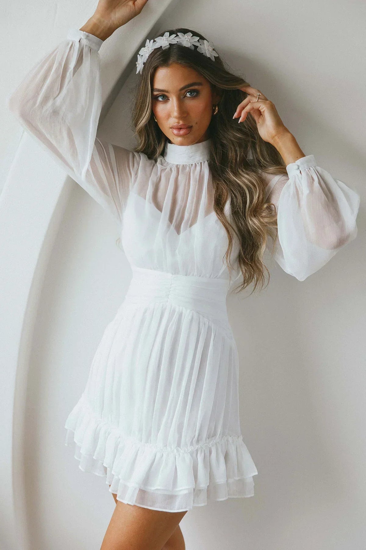 Sheer Chiffon High Neck Long Sleeve Ruffle Hem Mini Dress 6