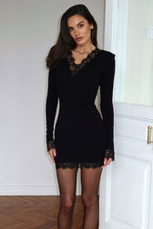 Lace Trim V-Neck Sleeve Fit Mini Lace Dress