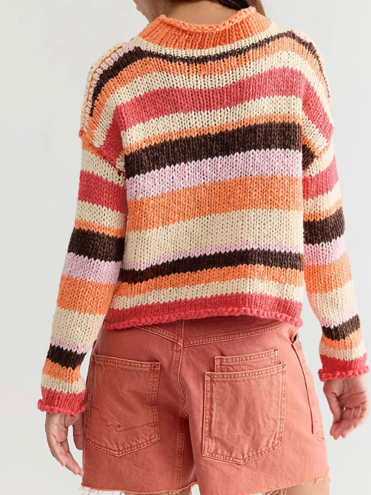 Wide Striped Mock Neck Long Sleeve Chunky Knit Cropped Sweater 12