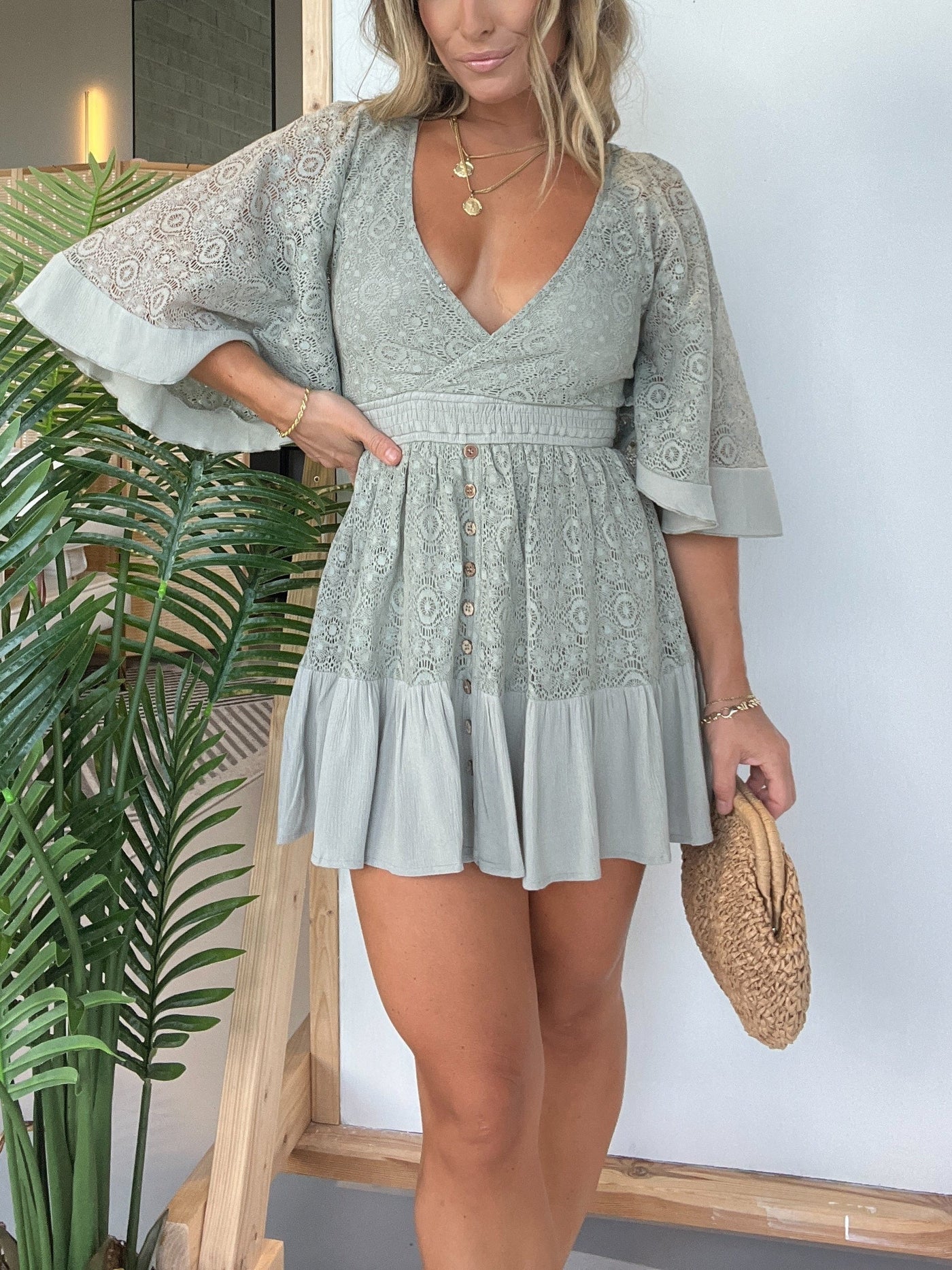 Lace V-Neck Bell Sleeve Tiered Mini Dress