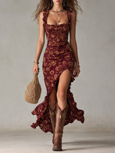 Floral Smocked Ruffle Strap High Split Mermaid Maxi Dress 5