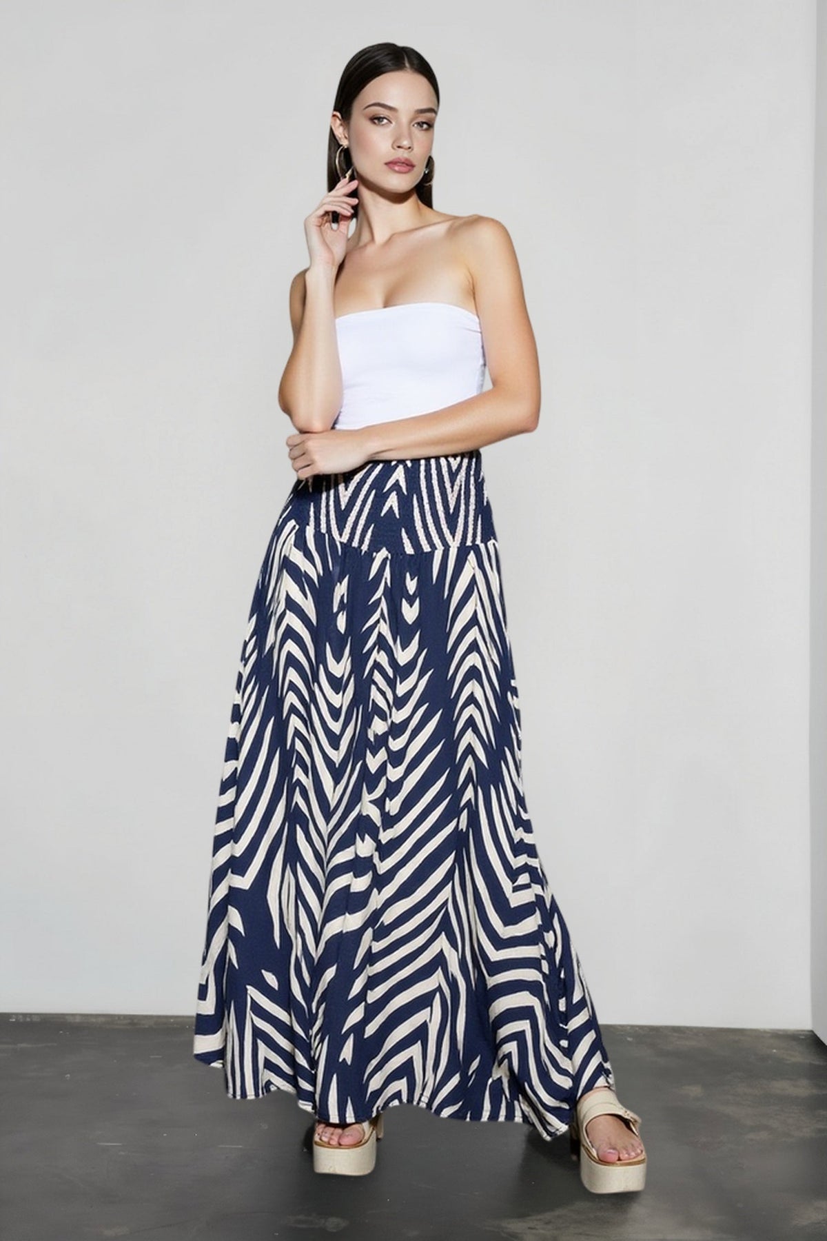 Zebra Stripe Print Smocked Waist Flowy Maxi Skirt