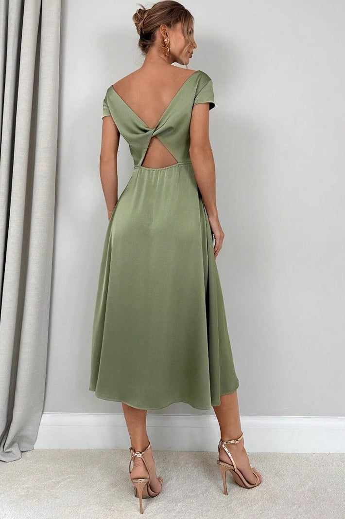 Silk-Like Satin Slit Maxi Silk Dress in Green - View 4