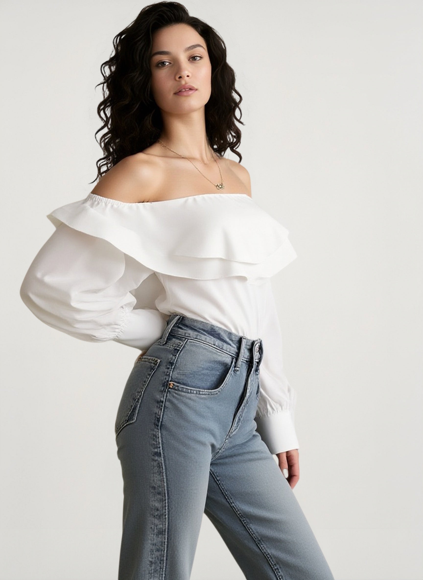 Vintage Off-Shoulder Ruffled White Blouse