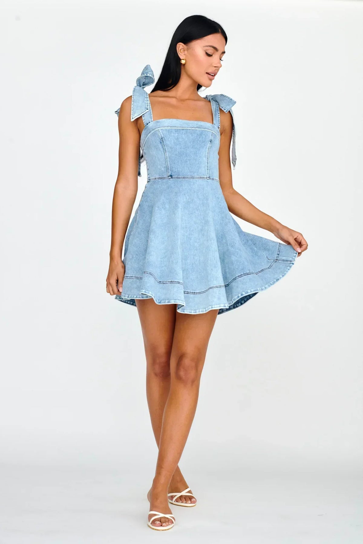 Denim-Look Square Neck Tie Shoulder Fit and Flare Mini Dress 3