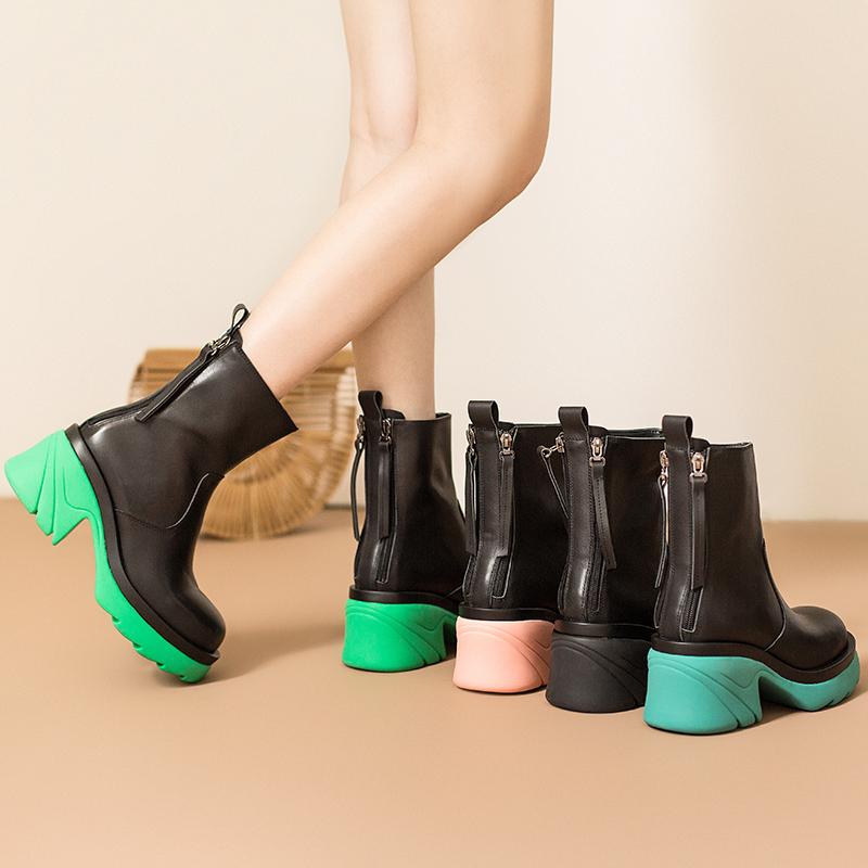 Colorful Sole Leather Short Boots Chunky Riding Boots High Heel Back Zip