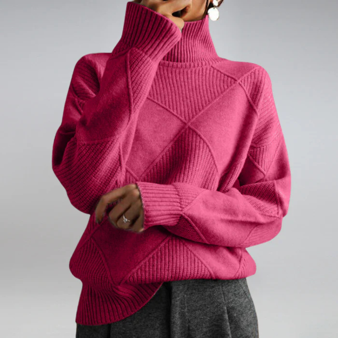 Turtleneck Long Sleeve Diamond Textured Knit Sweater