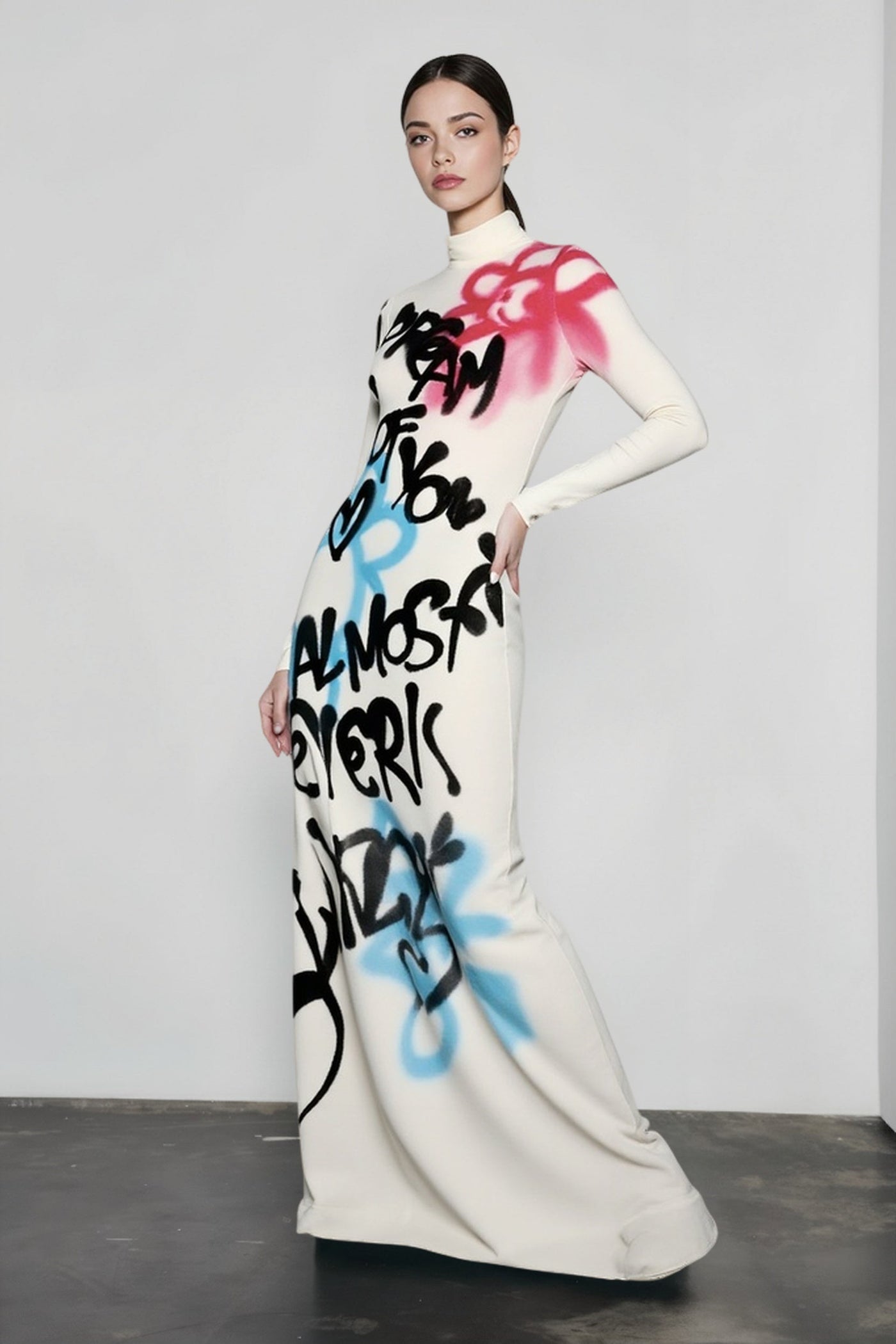 High Neck Graffiti Color Block Bodycon Maxi Dress