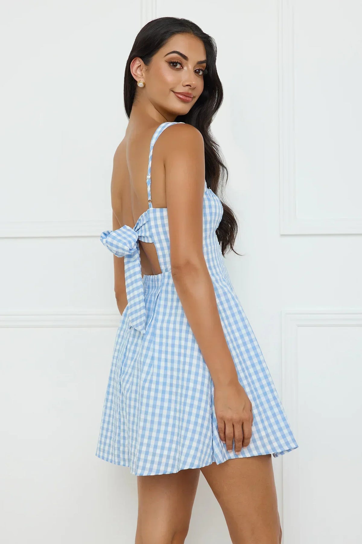 Gingham Square Neck Wide Strap Fit and Flare Mini Dress 4