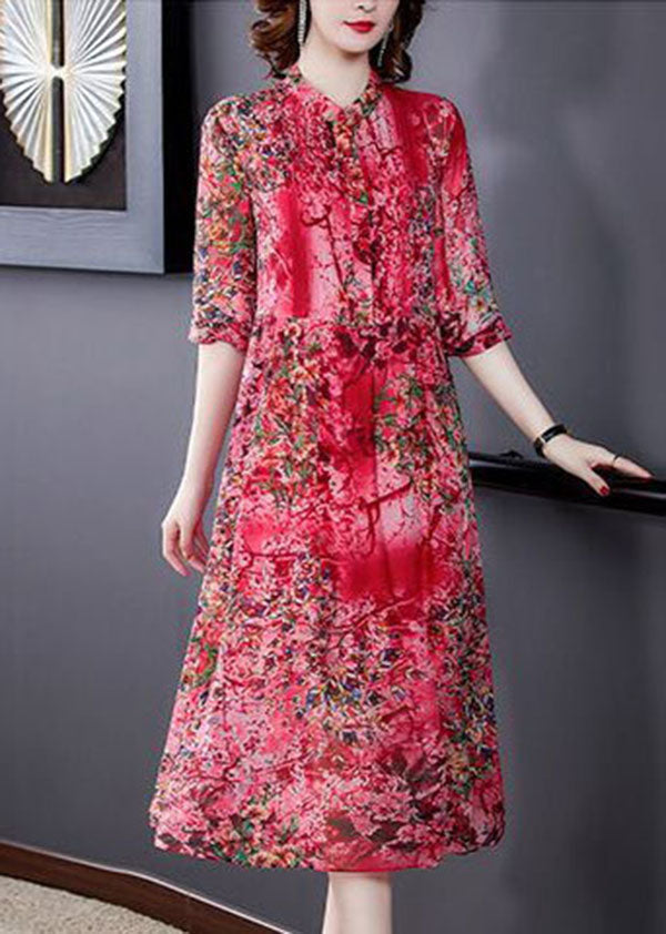 Floral Print Mandarin Collar Pintuck Pleated Three Quarter Sleeve A-Line Midi Dress