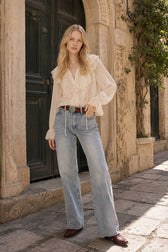 Semi-Sheer Ruffle Chiffon Breasted Blouse