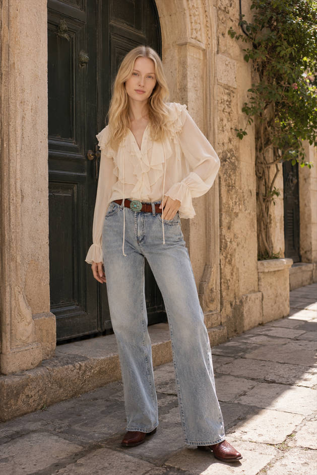 Semi-Sheer Ruffle Chiffon Breasted Blouse