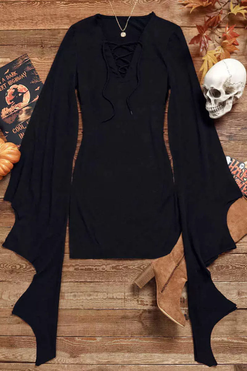 Halloween Color Block Lace Up Batwing Sleeve Bodycon Dress