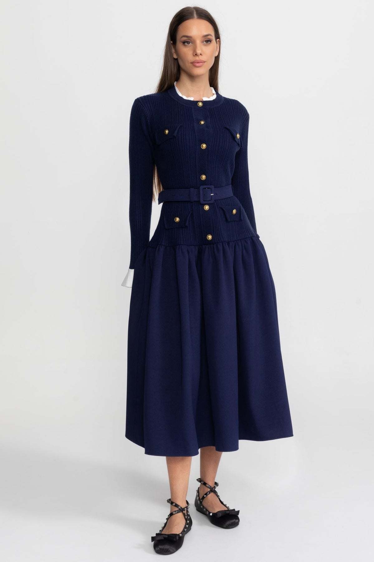 Ribbed Knit Long Sleeve Button Front Belted Drop Waist Midi Dress 2