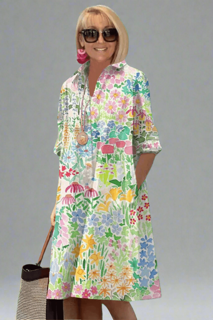 Floral Print Collared Roll Sleeve Shirt Dress